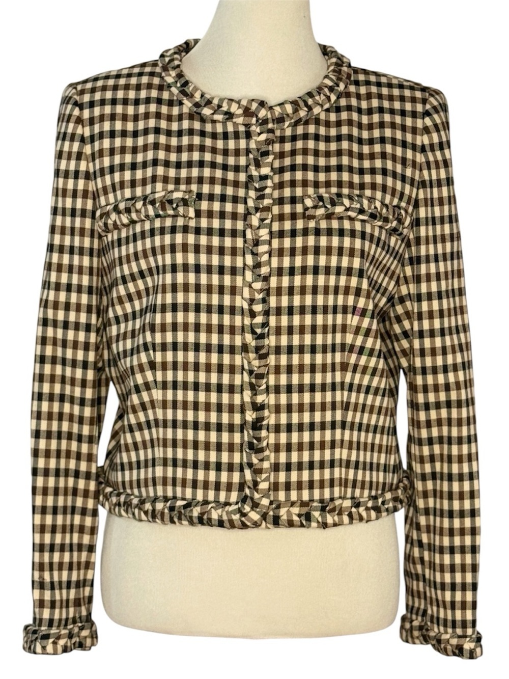 Preston & York Marcia Novelty Plaid Crew Neck Jacket Size 8 Brown Gingham